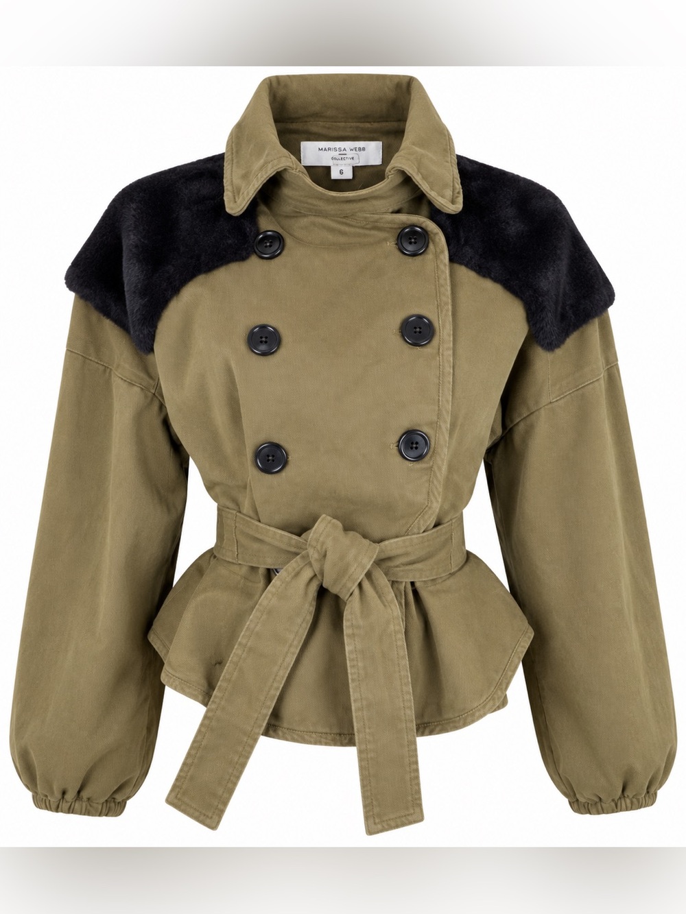 Marissa Webb Olive Cropped Trench Coat Black Luxe Faux Fur Yoke Size 6 Designer